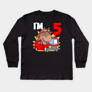 I'm 5 Birthday Firefighter T-Rex Kids Long Sleeve T-Shirt